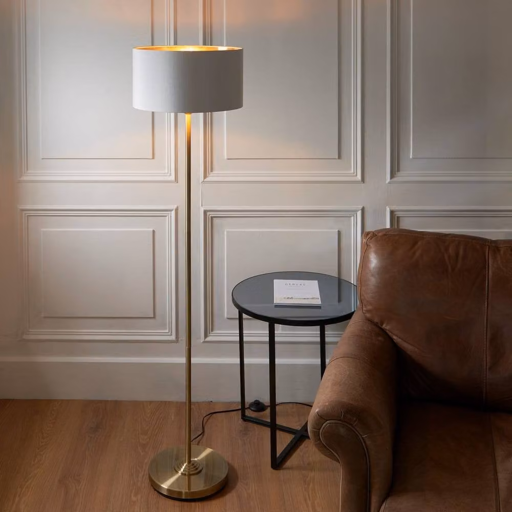 Netlighting Highclere Cylinder Floor Lamp Shade in Gold and White with Brass Plate, E27 – 2