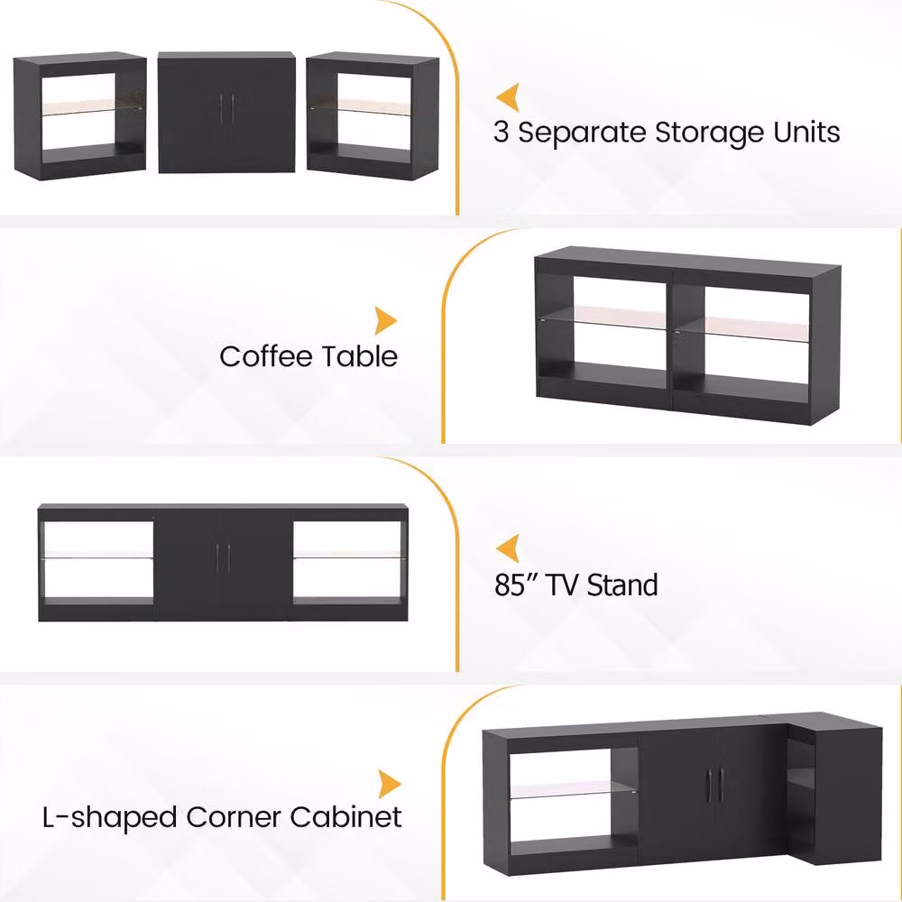 Gymax 3-Piece Modular 3-in-1 Entertainment Center and TV Stand for up to 85 inch TVs in Black – 5