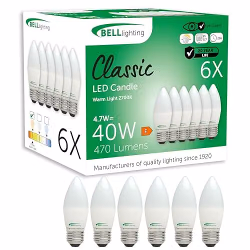 BELL Lighting E27 Dimmable LED Filament Candle Bulbs, Warm White, 4.7W, Pack of 6 – 1