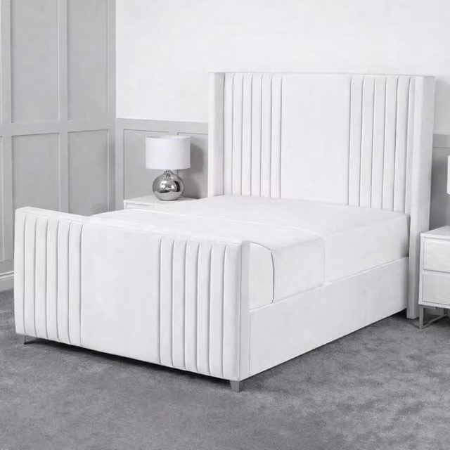 Living Comfort Bedz Emilia Plush Velvet Upholstered King Size Bed with Slatted Base and 48 Inch Headboard in White, W/D/H: 180 x 200 cm