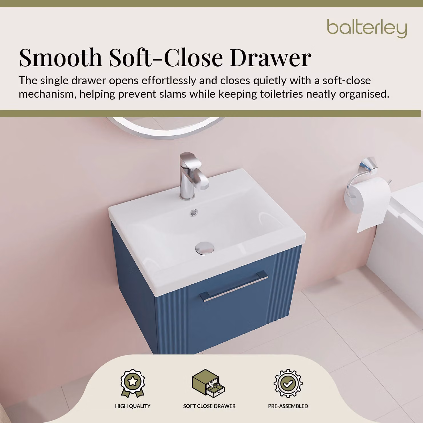 Balterley Wall Hung 1 Drawer Vanity Unit with Mid-Edge Basin, Satin Blue – 3