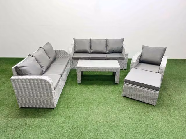 Fimous 8 Seater Poly Rattan Garden Furniture Set in Grey with 3 Seater Sofa, Reclining Chairs, Ottoman and Oblong Coffee Table
