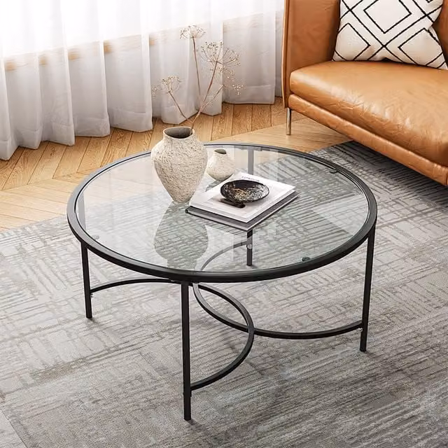 Livingandhome Round Tempered Glass Coffee Table with Black Metal Base