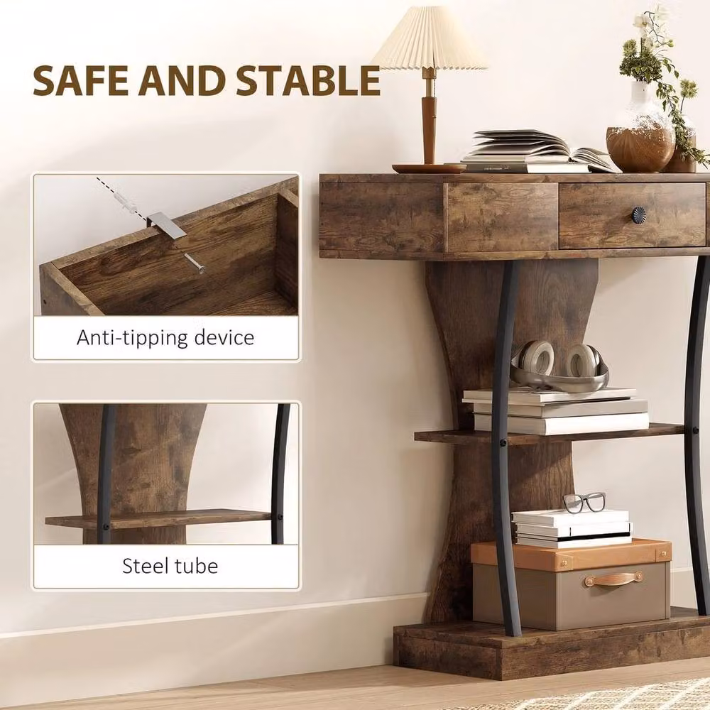 Kelvenix Industrial Console Table with Storage Shelves in Brown and Black – 3