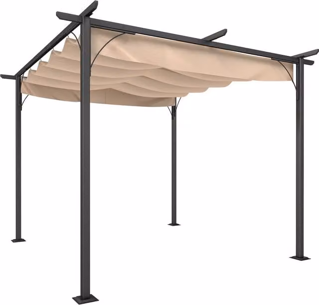 OUTSUNNY Metal Outdoor Pergola Gazebo with Retractable Canopy in Beige, W: 300 cm, D: 300 cm, H: 230 cm