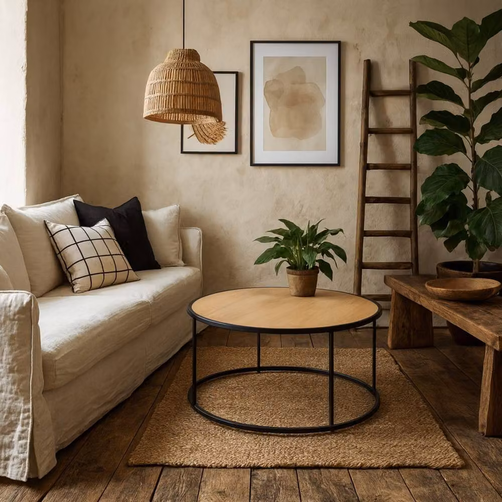 Wyld Haus El Paso Round Coffee Table in Natural Wild Oak Effect with Matt Black Steel Base, Diameter: 80 cm, Height: 45 cm – 2