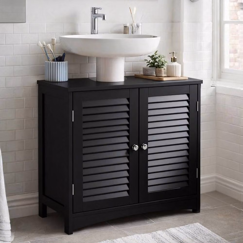 Levede Black Modern Wooden Under Sink Bathroom Vanity Unit with Internal Shelves and Hinged Doors – 2