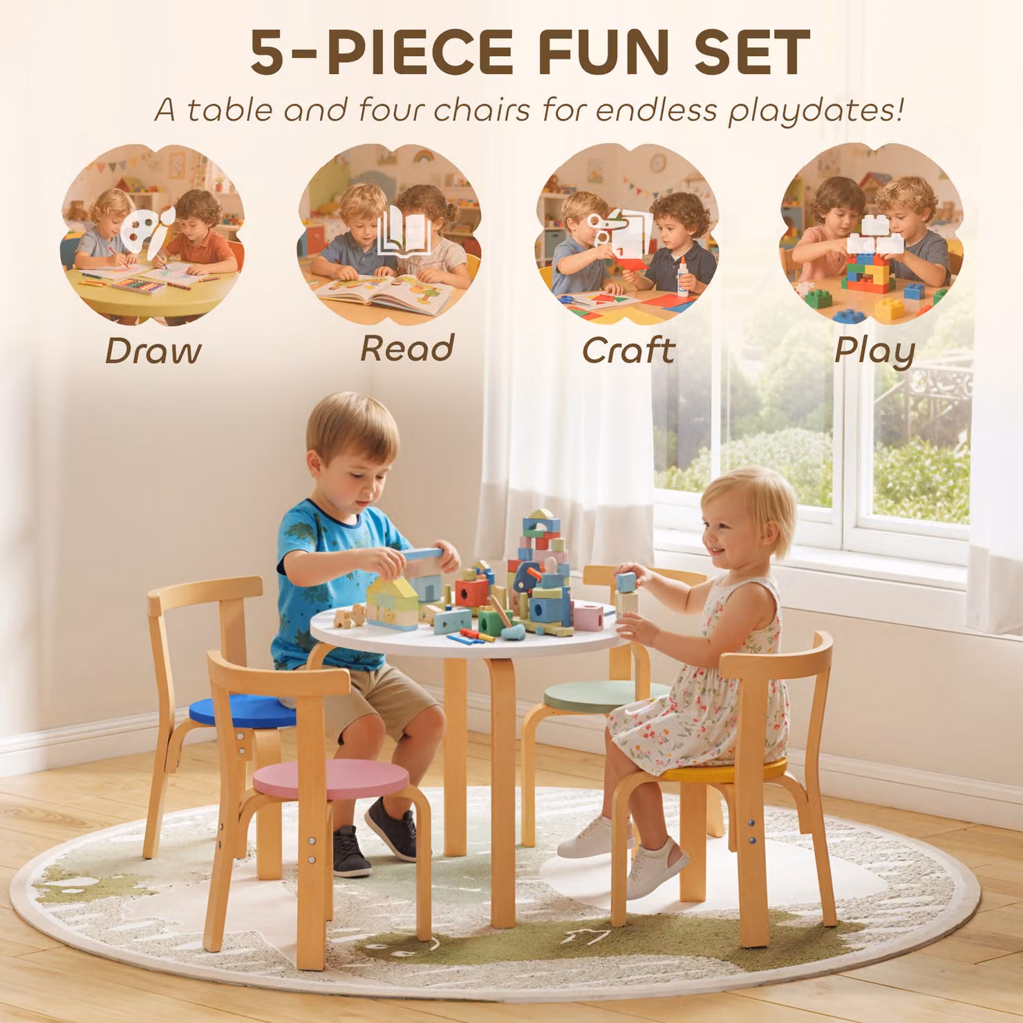 AIYAPLAY 5 Piece Wooden Kids Table and Chairs Set with Round Lacquered Table for Children Aged 3-8 Years – 2