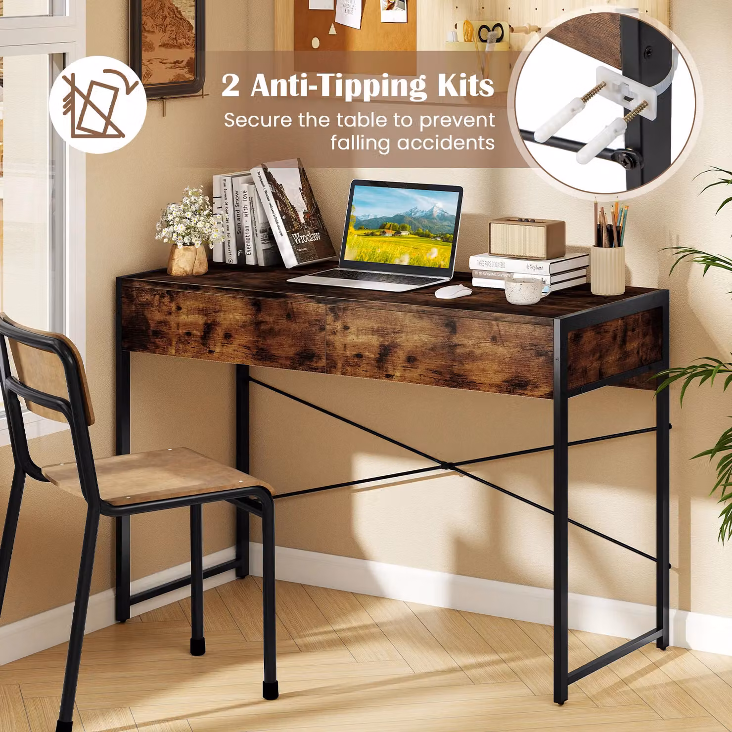 Gymax Modern Compact Computer and Writing Desk with 2 Drawers, Brown – 4