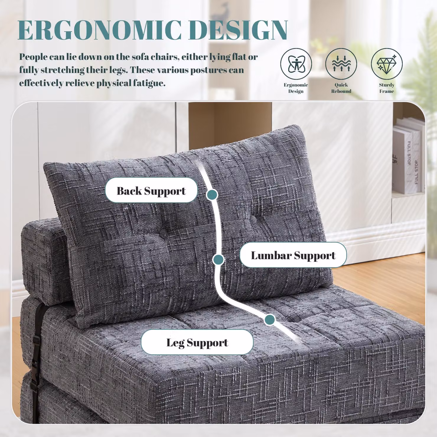 Aosom Grey Chenille Convertible Floor Sofa Bed with Button-Tufted Detailing, W: 79 cm, D: 180 cm, H: 57 cm – 4