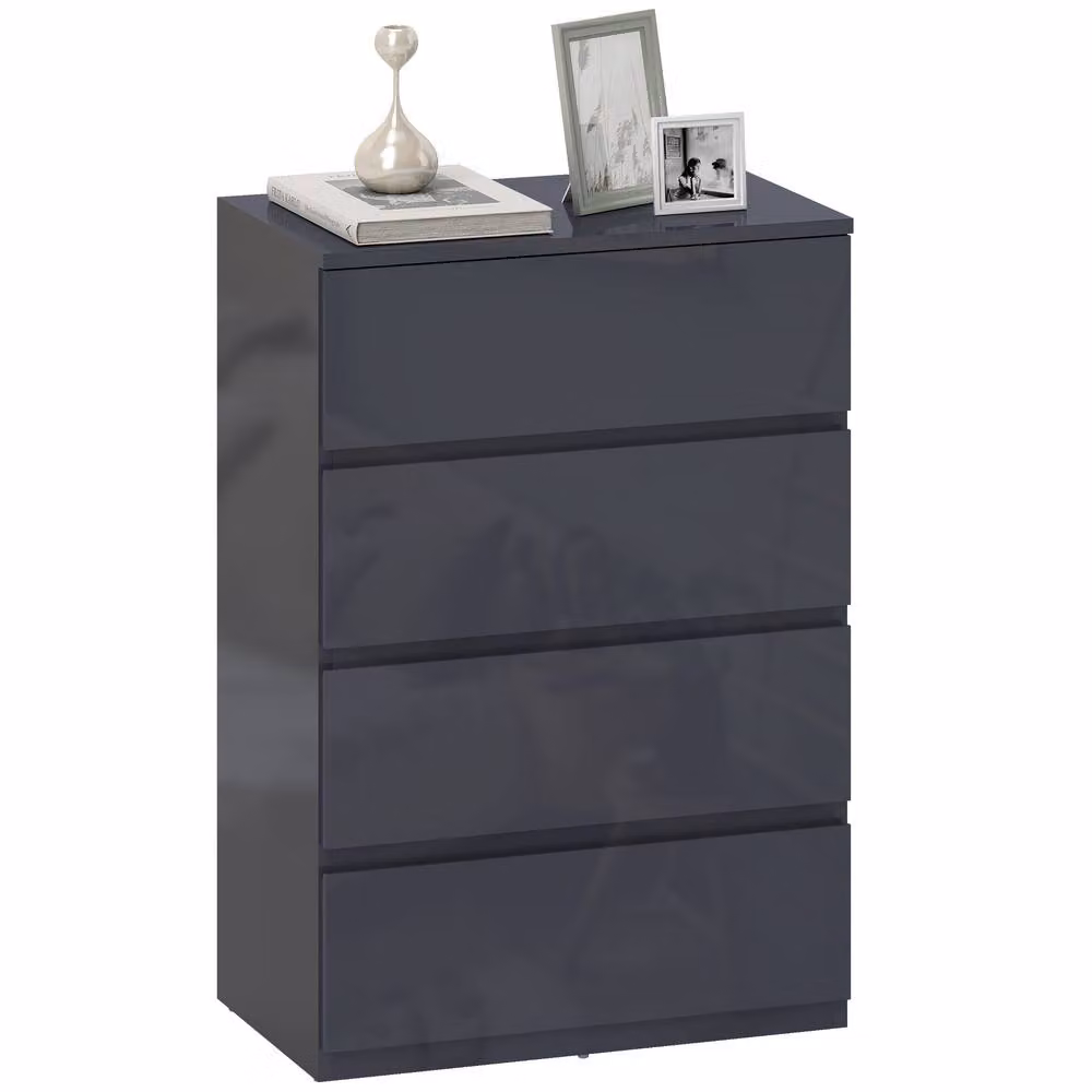 HOMCOM Grey High Gloss 4 Drawer Bedroom Chest of Drawers with Soft Close Drawers – 2