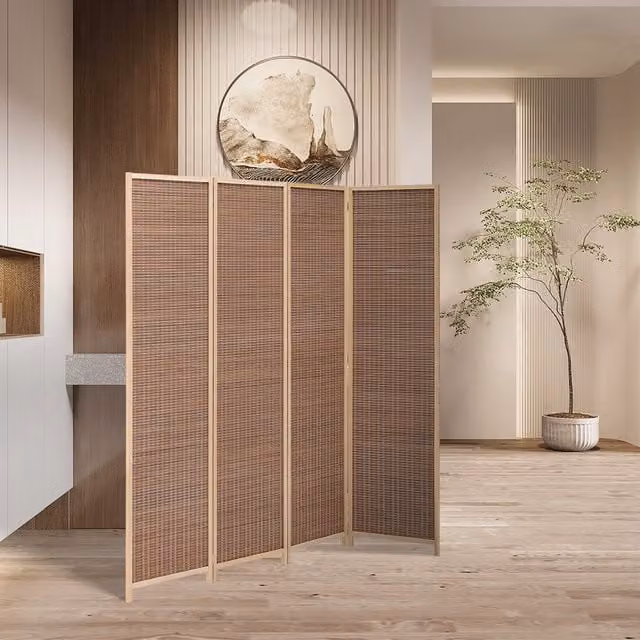 Livingandhome Modern Brown Rattan Woven Folding Room Divider, Height: 200 cm