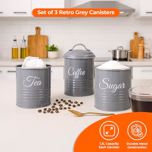 Innoteck Tea Coffee Sugar Canister Set of 3, Airtight Metal Kitchen Food Storage Tins in Dark Grey, 1.3 l Capacity – 2