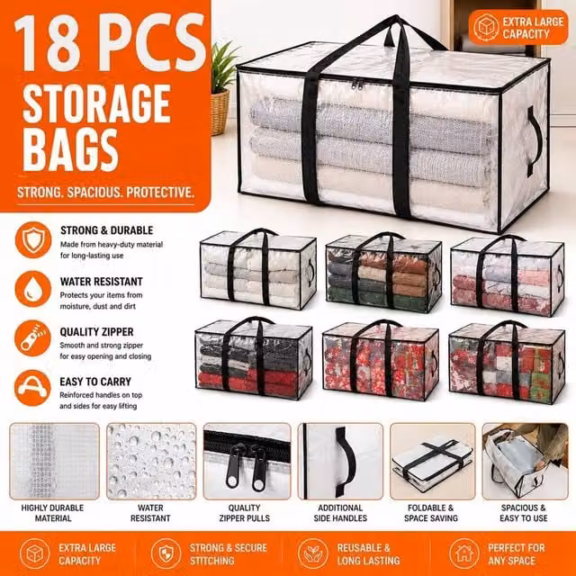 ATEK 18 Pack Heavy-Duty Moving Boxes and Oversized Storage Bags with Backpack Straps, Zippers and Handles in Clear
