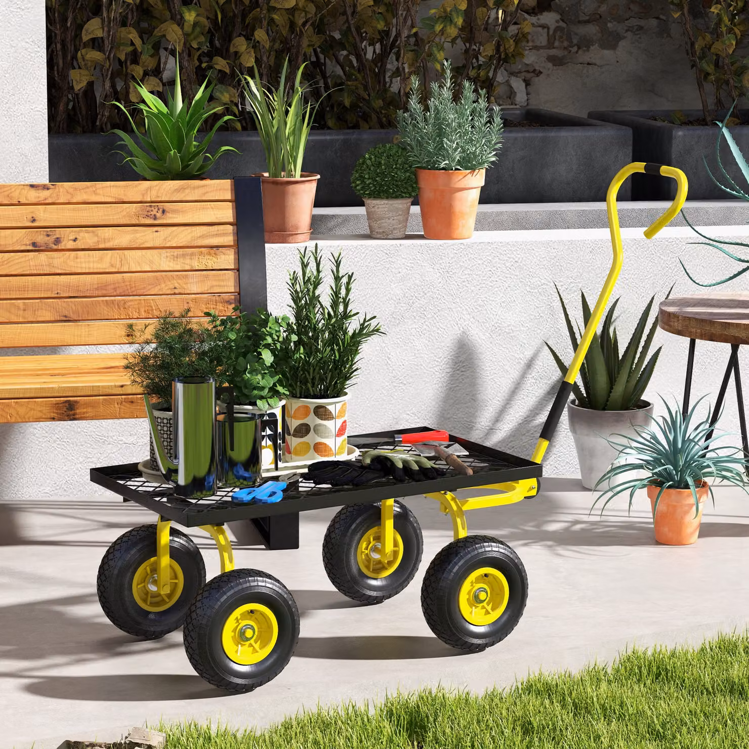 Outsunny Heavy Duty Garden Trolley Cart with Metal Frame and Pneumatic Wheels, Yellow – 6