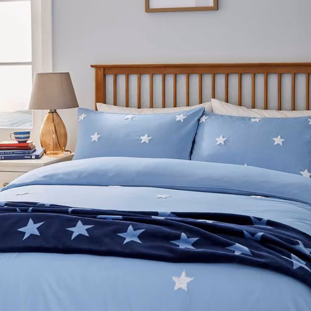 Helena Springfield Long Island Tufted Star Super Kingsize Duvet Cover and Pillowcase Set, Chambray Blue and Silver, 200 x 200 cm