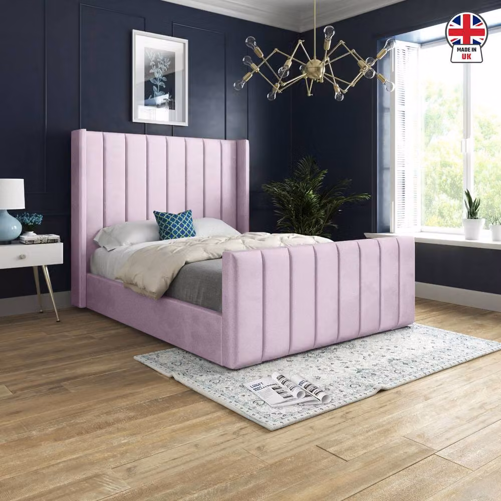 KDMD Stretton Winged Upholstered Designer Bed Frame in Pink Soft Velvet, Size: 180 x 200 cm – 3