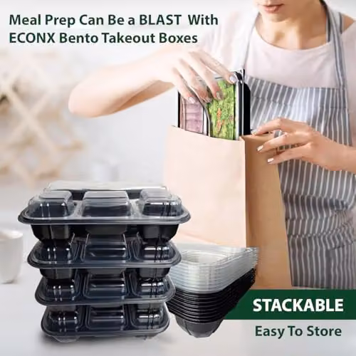 ECONX Black 4 Compartment Takeaway Meal Prep Containers with Snap Lids, Microwave and Freezer Safe, BPA Free Plastic – 5