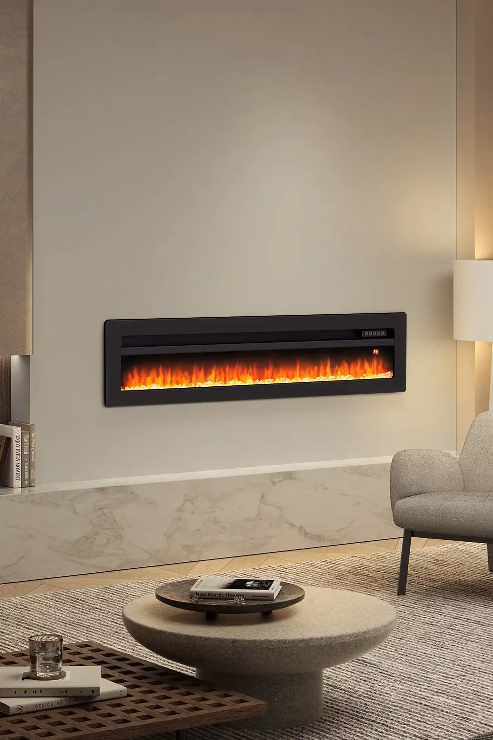 Living and Home 60 Inch 3-in-1 Recessed Electric Fireplace, 1800W with 12 Adjustable Multicolour Flames and Remote Control, Black – 2