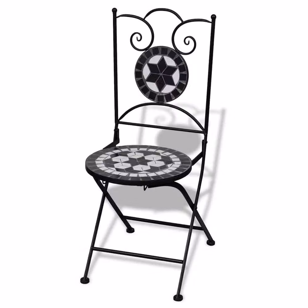 Berkfield Home Set of 2 Decorative Folding Bistro Chairs in Black and White Geometric Ceramic and Metal – 3
