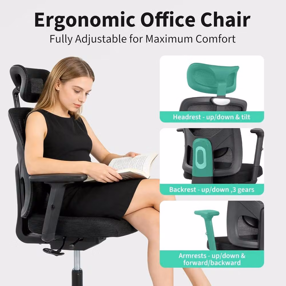 London Boutique Black Fabric Mesh Office Task Chair with Headrest and 360 Degree Swivel – 7