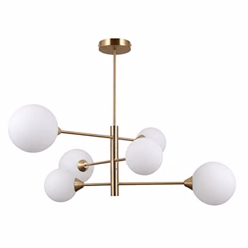 Netlighting Evora Modern 6 Light Multi Arm Semi Flush Ceiling Lamp in Gold/Brass with Glass Spheres and G9 Bulbs
