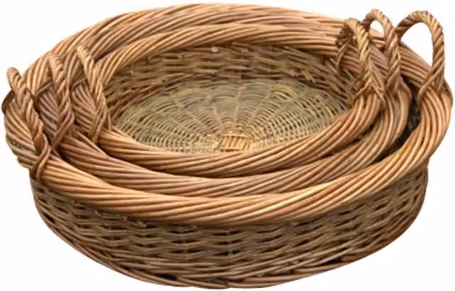 Red Hamper Set of 3 Round Wicker Willow Trays with Handles in Brown and Green – 1