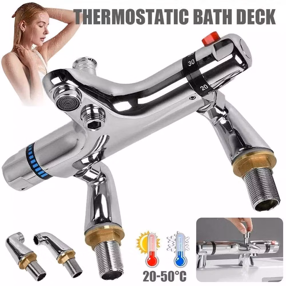 FLAVORA Modern Thermostatic Bath Shower Mixer Tap in Silver Chrome – 6