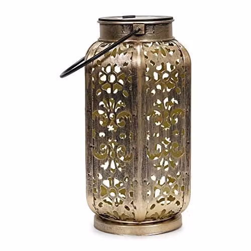 MiniSun Solar Powered Moroccan Style Hanging Metal Lantern in Bronze and Gold/Brass