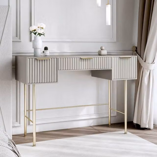 Carme Home Lara Mocha Dressing Table with Mirror Top in Brown, Beige, Gold and White