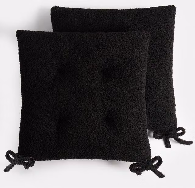 OHS Pack of 2 Black Boucle Quilted Square Dining Chair Seat Pads