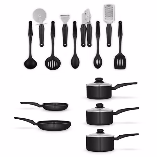 Swan Townhouse 14 Piece Black Aluminium Cookware and Tool Set with Ceramic Coating, including 16cm, 18cm and 20cm Saucepans with Glass Lids and 20cm and 26cm Frying Pans – 1