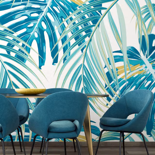 Origin Murals Tropical Leaves Floral Wall Mural in Petrol Teal
