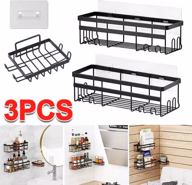 FLAVORA 3 Pack Stainless Steel Adhesive Shower Caddy in Black, Width: 50 cm
