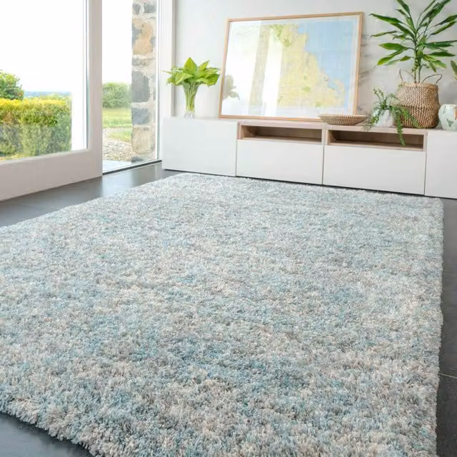 The Rug House Mottled Shaggy Area Rug in Duck Egg Blue, W: 110 cm, D: 60 cm