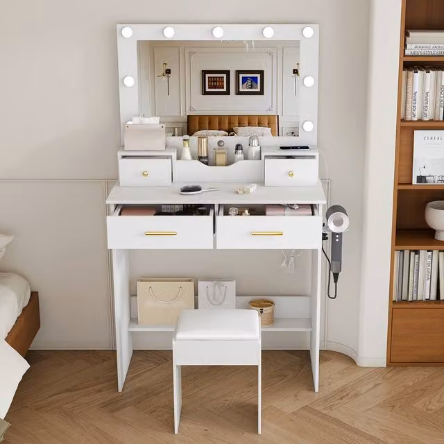 Matteo Hollywood LED Vanity Dressing Table with 9 Bulbs and 4 Drawers in White