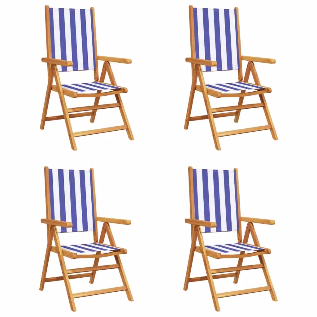 Berkfield Home Set of 4 Reclining Garden Chairs in Blue and White Striped Fabric with Lacquered Acacia Wood – 2