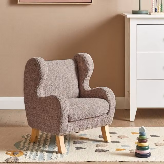 Wyld and Coco Taupe Bouclé Childrens Armchair in Beige with Rubberwood Legs