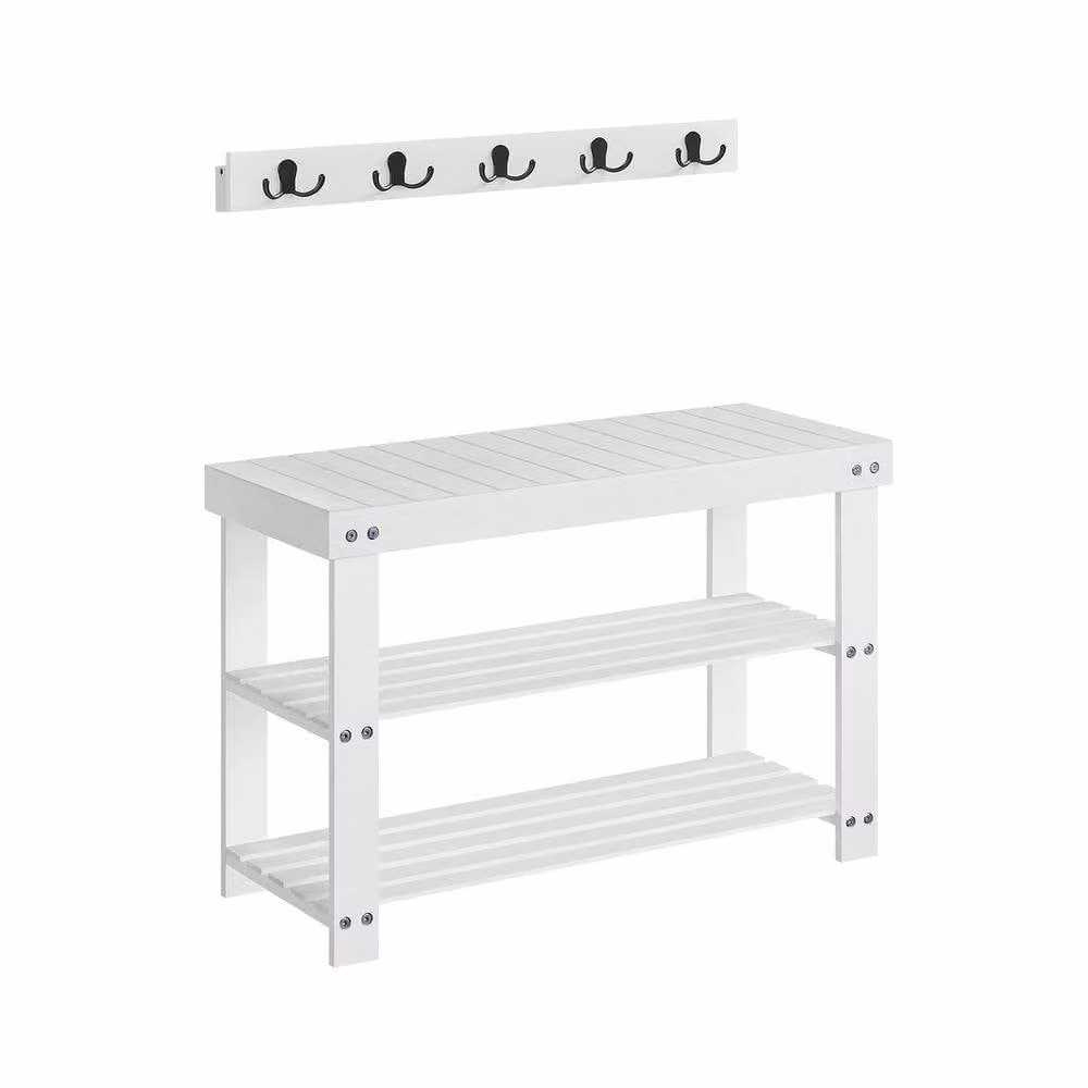 Pirlo Plush 3 Tier Bamboo Hall Tree Bench with Coat Hooks, White – 3