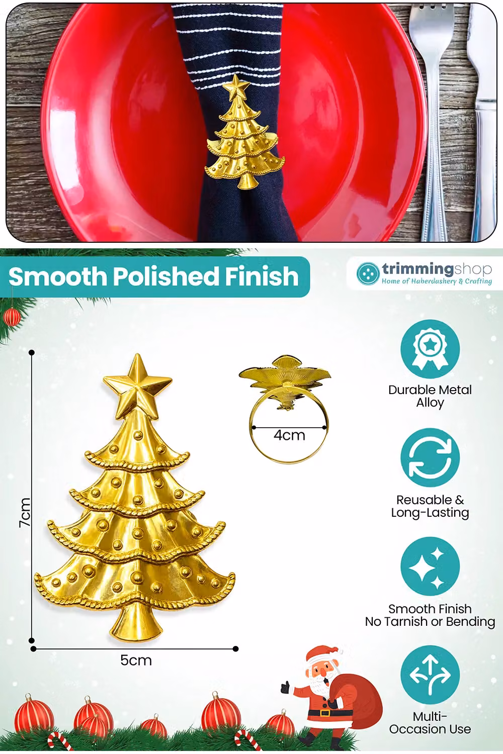 Neel Blue Gold Star-Topped Christmas Tree Napkin Rings, 6-Piece Metal Set – 2