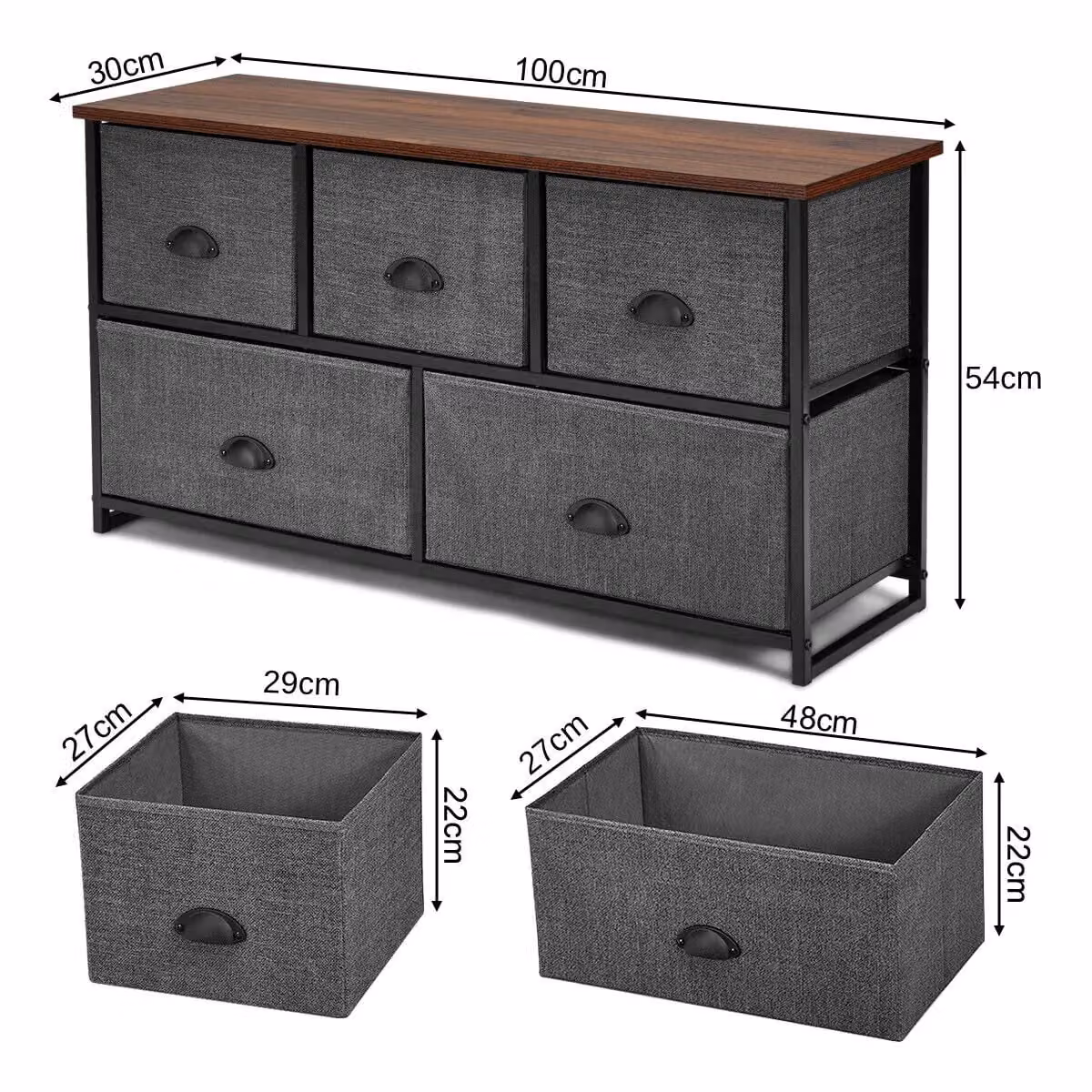 Gymax 2-Tier Chest of Drawers with 5 Fabric Baskets in Black and Grey – 2