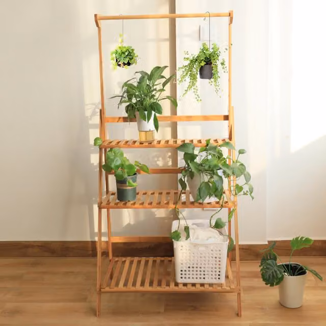Livingandhome 3-Tier Foldable Corner Ladder Shelf with Hanging Rod in Brown