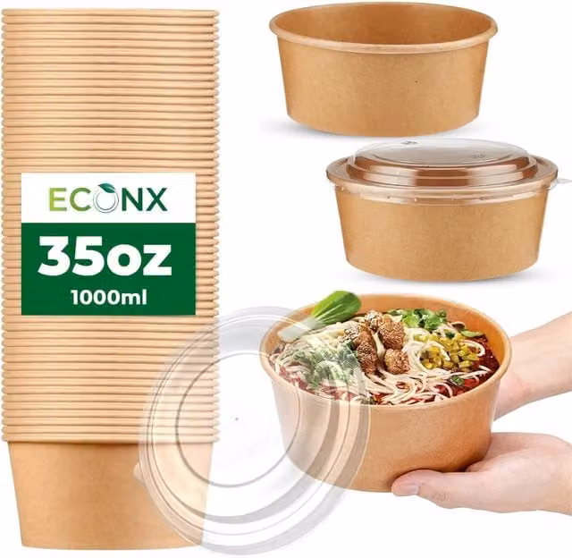 ECONX Disposable Kraft Paper Salad Bowls with Lids, Brown, 1000ml, Pack of 50