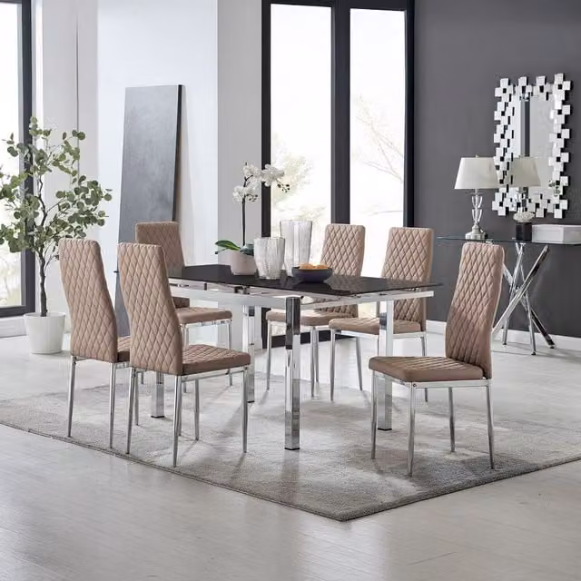 Furniturebox Enna Black Glossy Glass Extending Rectangular Kitchen Dining Table and 6 Milan Chairs in Cappuccino