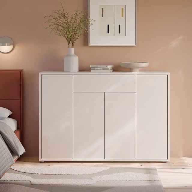 Furniture To Go Alice Springs Shoe Cabinet in Sand with 4 Push-Open Doors and 1 Push-Open Drawer – 1