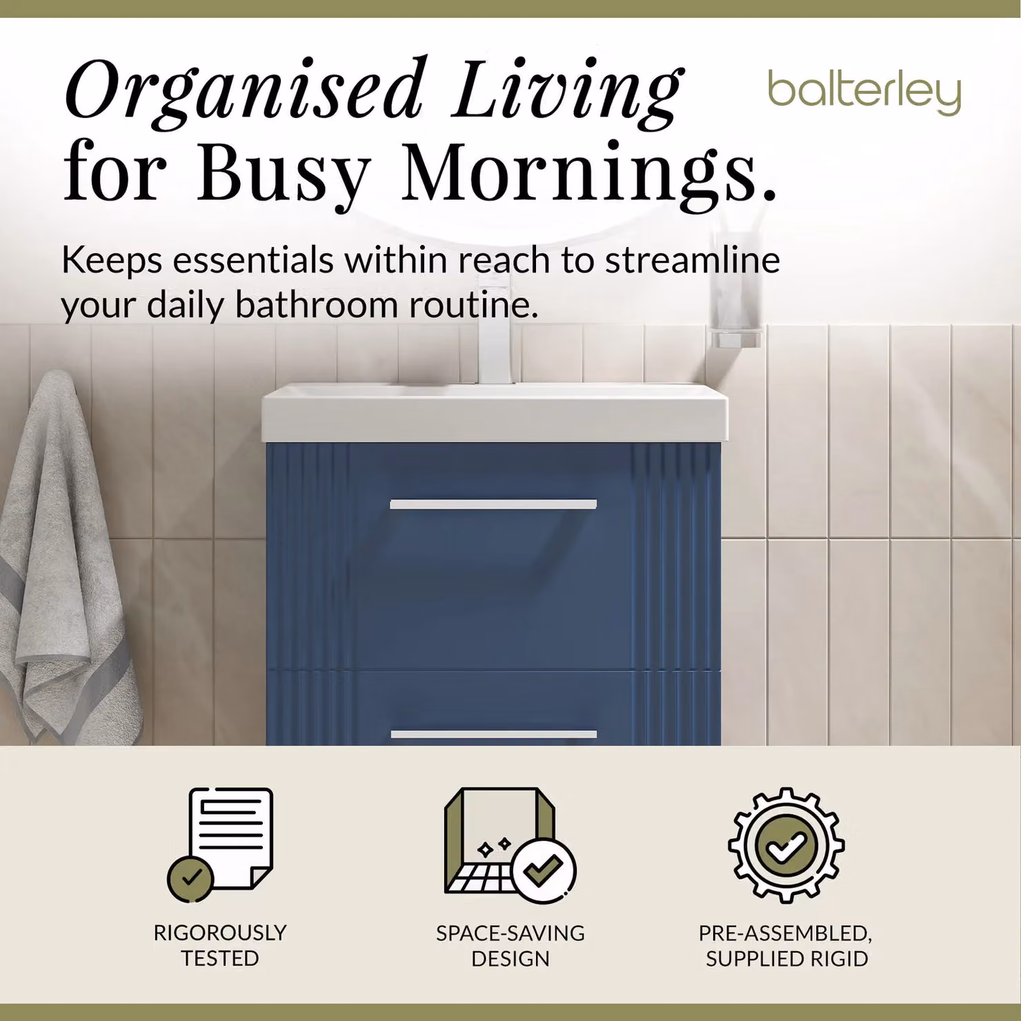 Balterley Wall Hung 2 Drawer Vanity Unit with Thin-Edge Basin, Satin Blue – 2