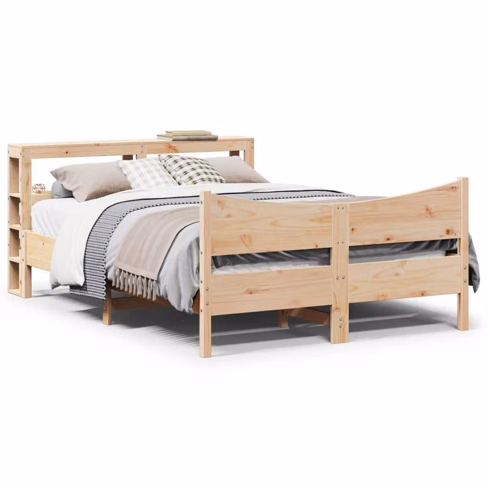 Berkfield Home Sleek Bed Frame with Headboard in Beige Solid Wood Pine, W/D/H: 140 x 200 cm – 2