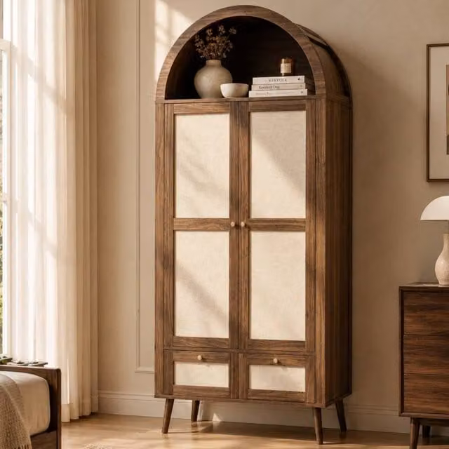 Matteo Arched Double Wardrobe in Walnut and Rattan-Effect with 2 Doors and 2 Drawers, H 180 cm x W 55 cm x D 55 cm – 1