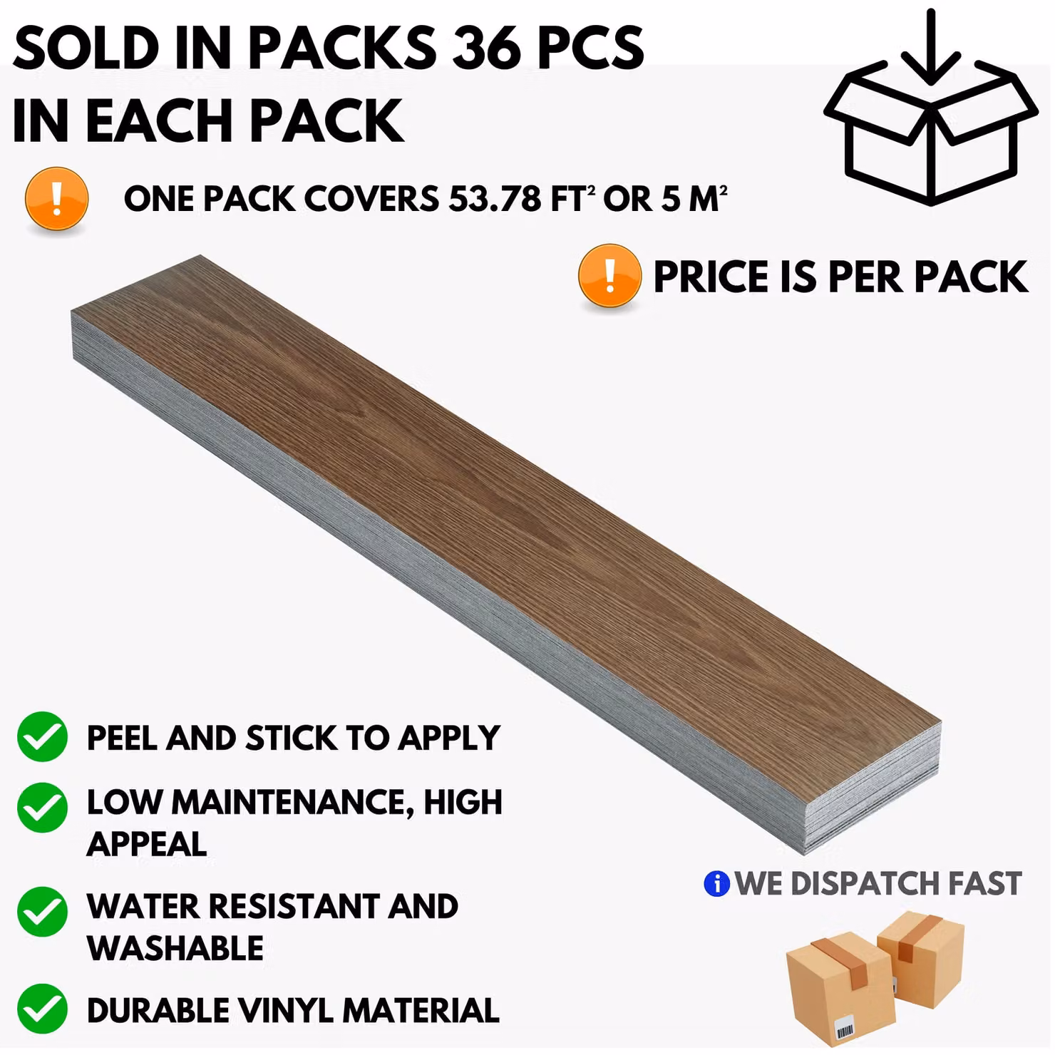 Novecrafto Self Adhesive Wood Look Vinyl Floor Planks, Pack of 36, Dark Brown, W: 91.4 cm, D: 15.2 cm – 2