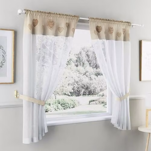 Tyrone Textiles Sweetheart Embroidered Heart Kitchen Window Curtain Pair with Matching Tie Backs in Beige, W: 140 cm, H: 122 cm